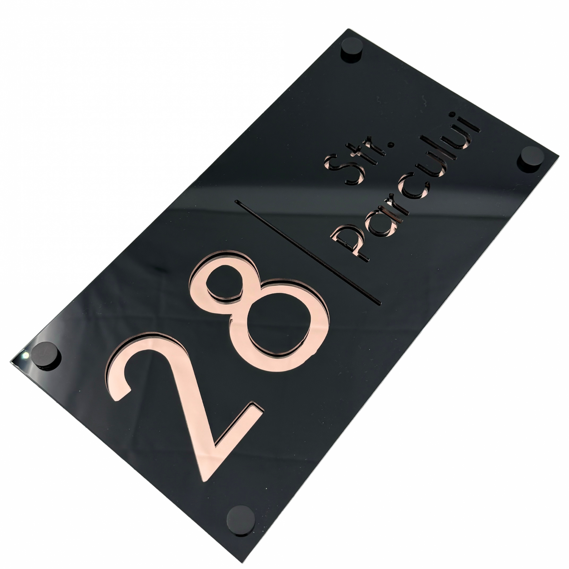 PREMIUM HOUSE NUMBER - Glossy Black Rose Gold Mirror 4 Spacers NeGreyi - 28×15 cm