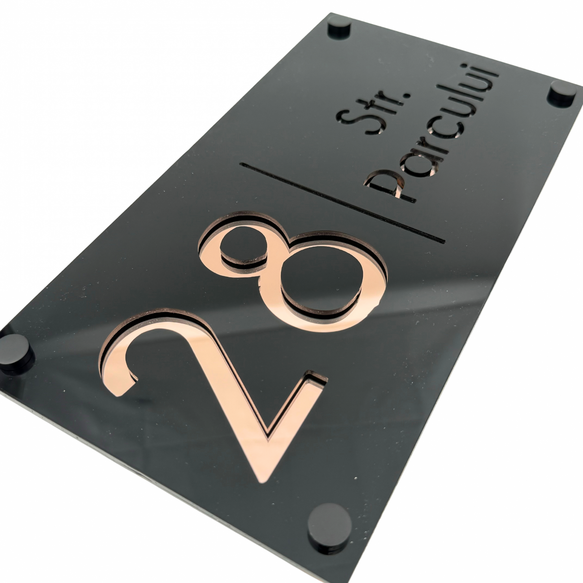 PREMIUM HOUSE NUMBER - Glossy Black Rose Gold Mirror 4 Spacers NeGreyi - 28×15 cm