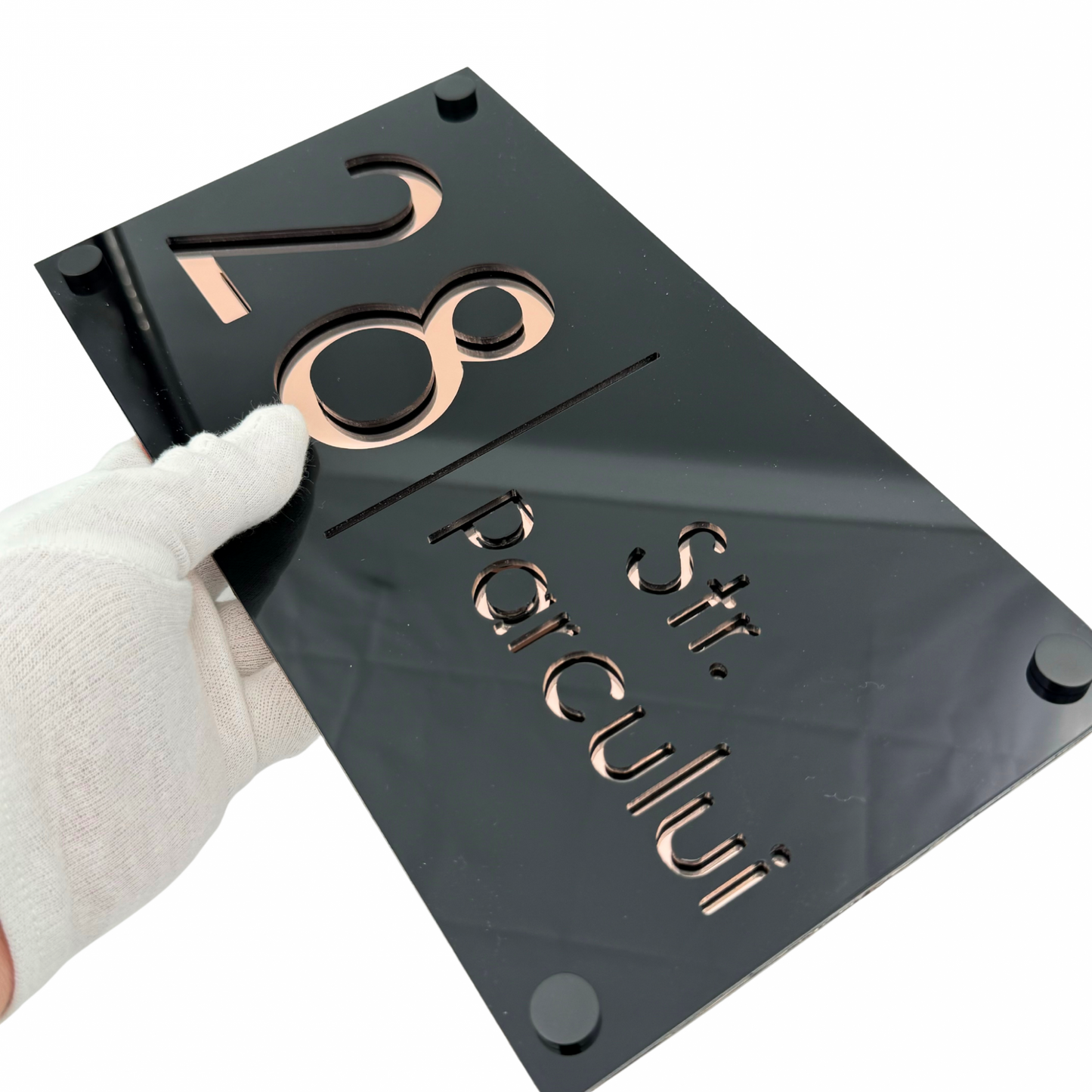 PREMIUM HOUSE NUMBER - Glossy Black Rose Gold Mirror 4 Spacers NeGreyi - 28×15 cm