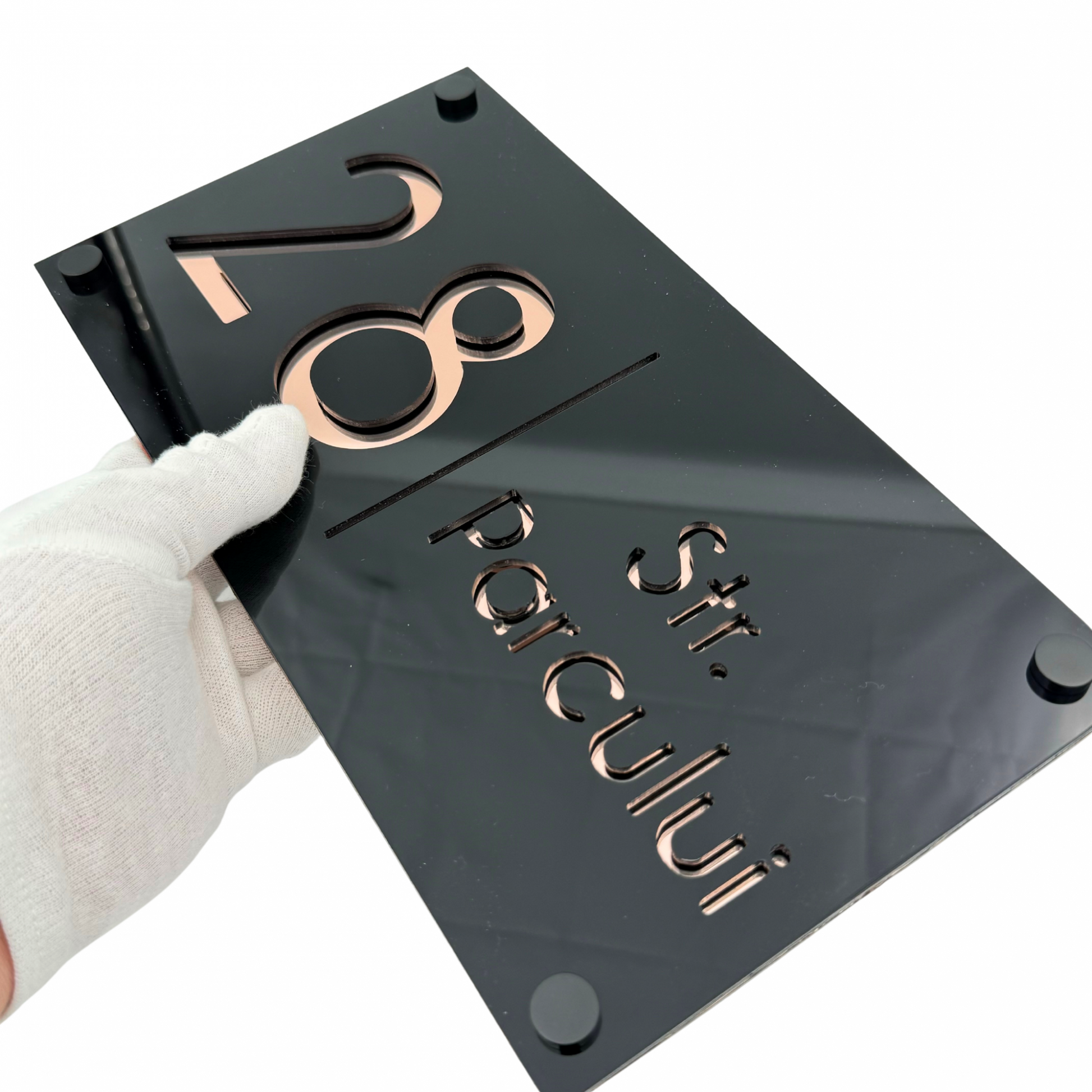 PREMIUM HOUSE NUMBER - Glossy Black Rose Gold Mirror 4 Spacers NeGreyi - 28×15 cm