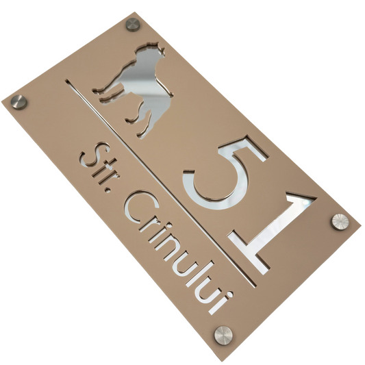 PREMIUM HOUSE NUMBER - Cream colour Satin Silver Mirror 4 Spacers Silver - 28×15 cm