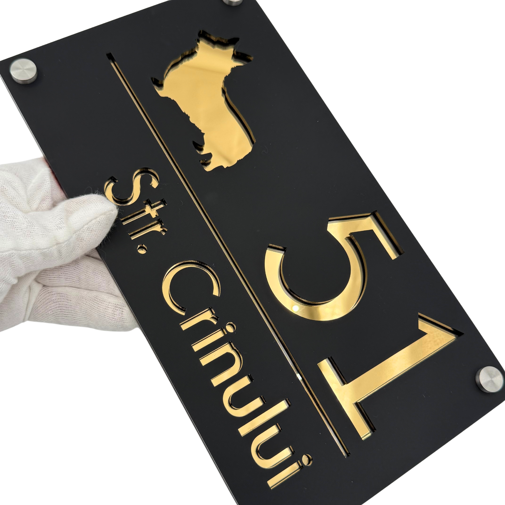 PREMIUM HOUSE NUMBER - Satin Black Gold Mirror 4 Spacers Silver - 28×15 cm