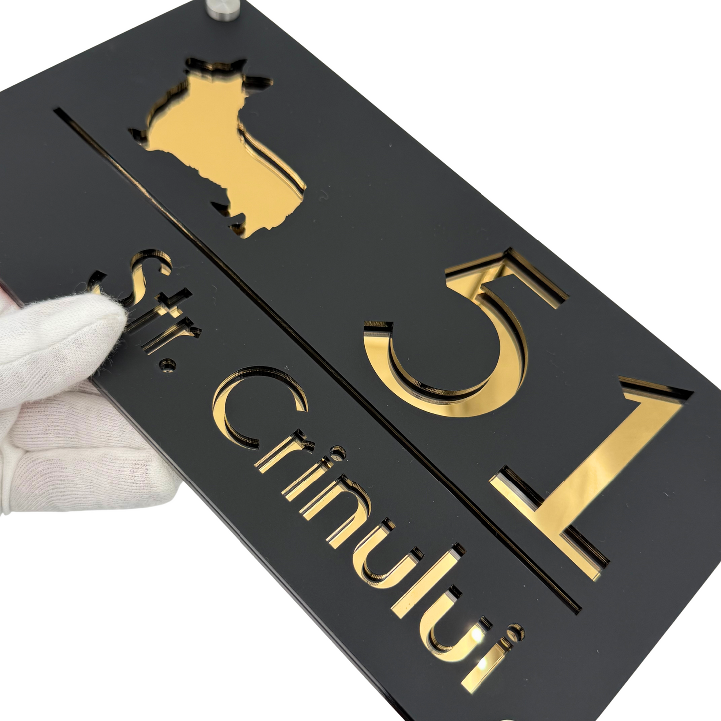 PREMIUM HOUSE NUMBER - Satin Black Gold Mirror 4 Spacers Silver - 28×15 cm