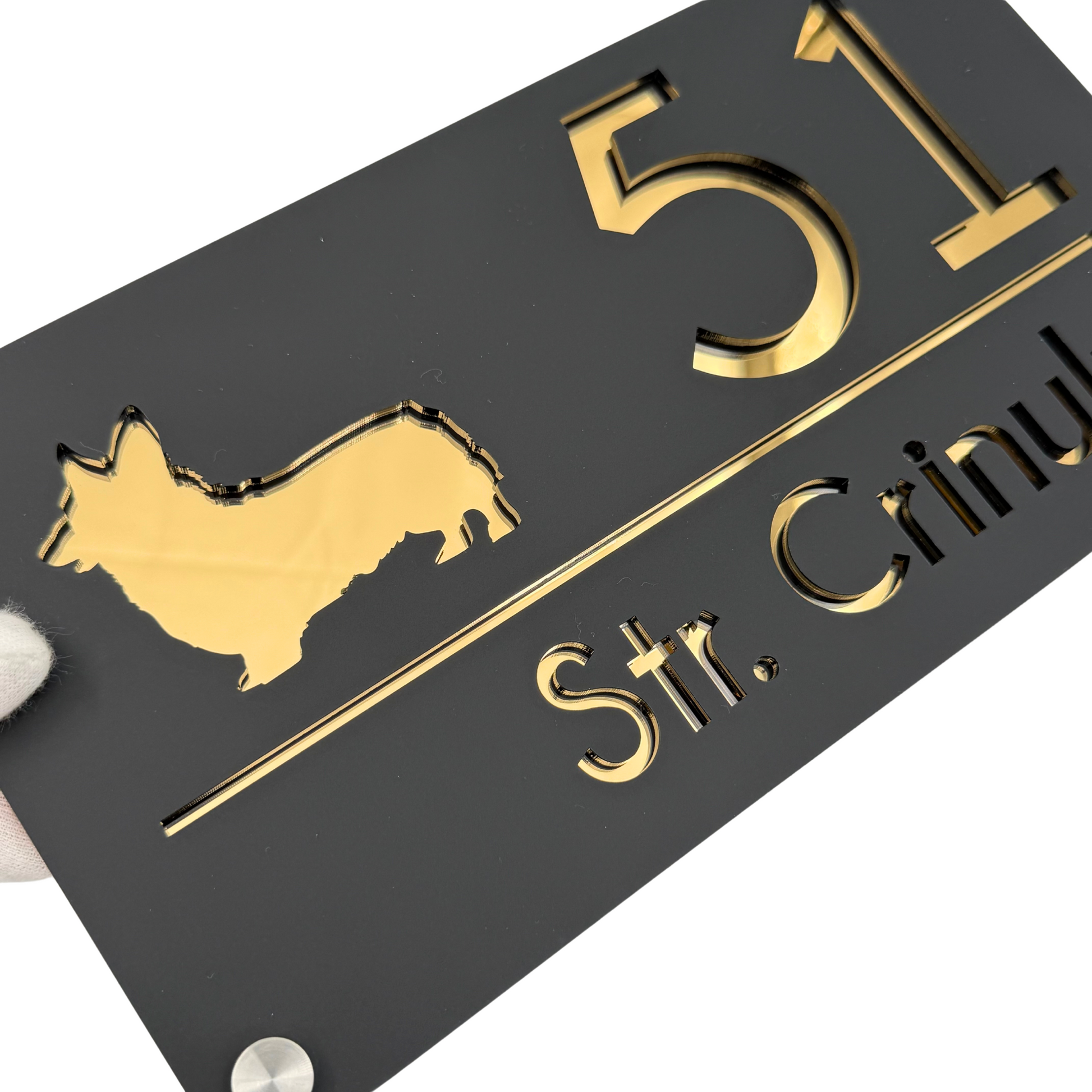PREMIUM HOUSE NUMBER - Satin Black Gold Mirror 4 Spacers Silver - 28×15 cm