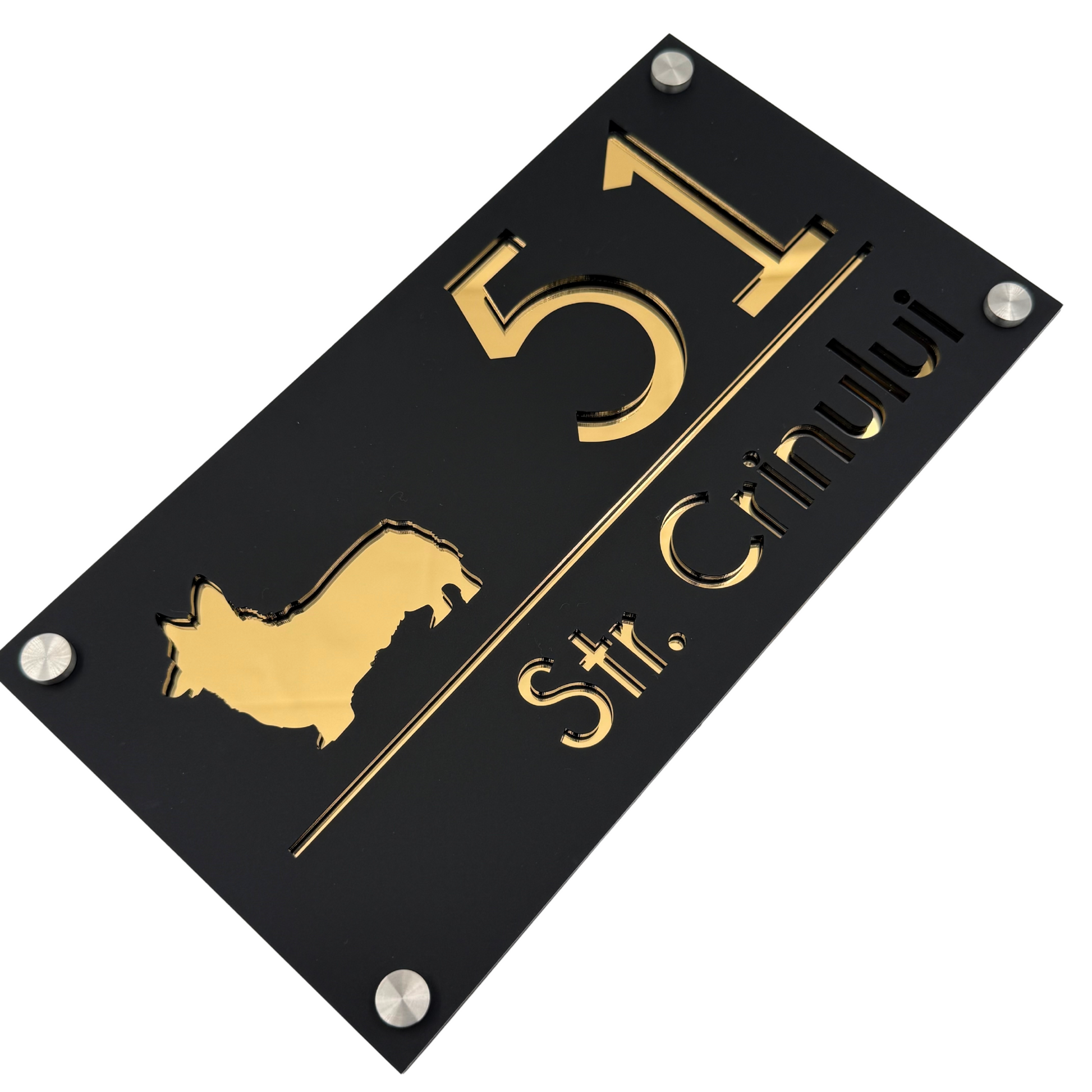 PREMIUM HOUSE NUMBER - Satin Black Gold Mirror 4 Spacers Silver - 28×15 cm