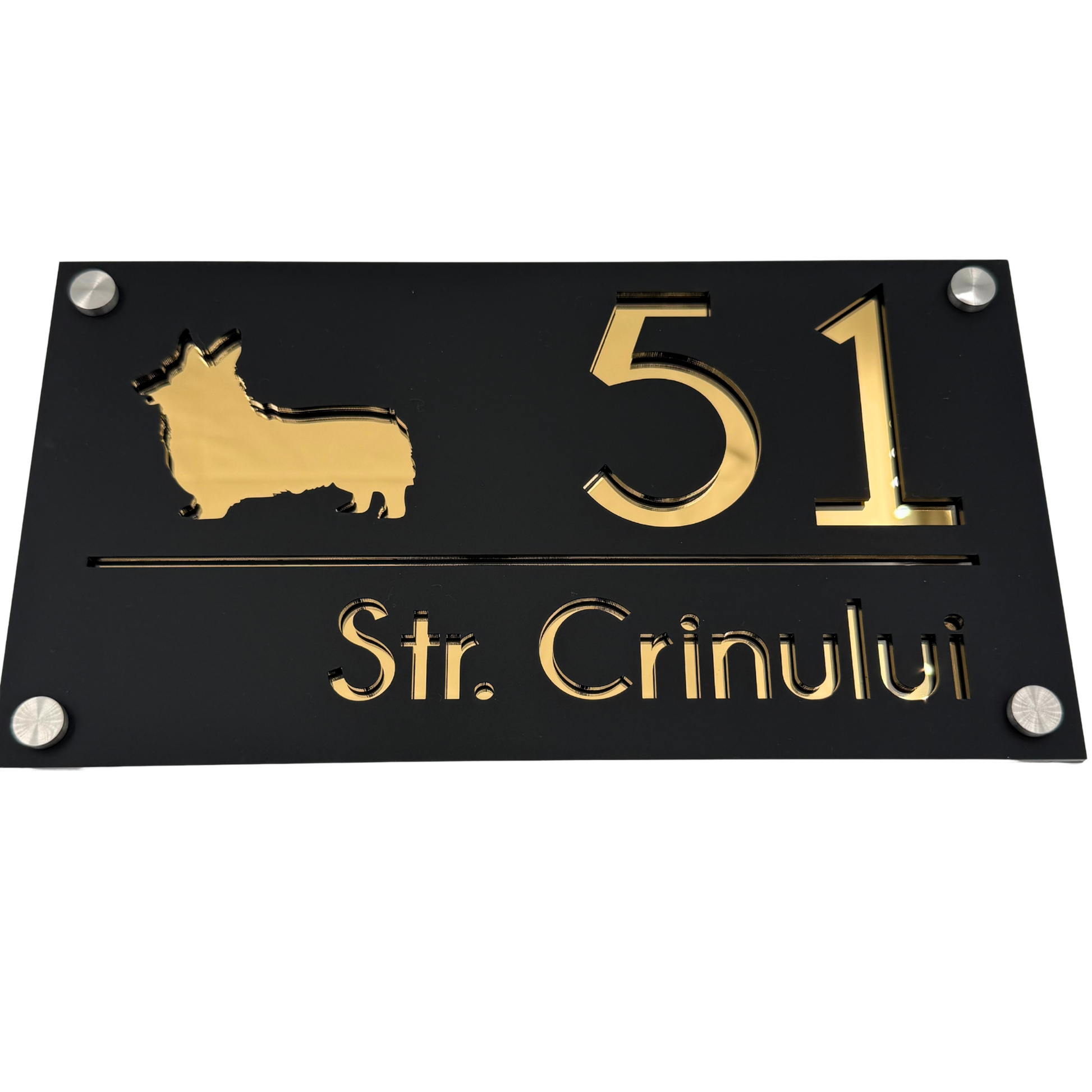 PREMIUM HOUSE NUMBER - Satin Black Gold Mirror 4 Spacers Silver - 28×15 cm
