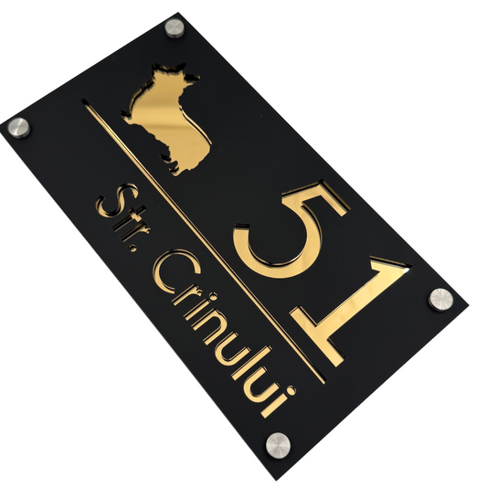 PREMIUM HOUSE NUMBER - Satin Black Gold Mirror 4 Spacers Silver - 28×15 cm