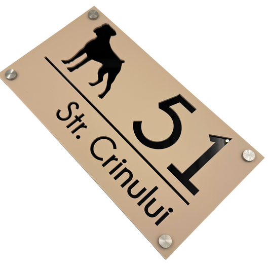 PREMIUM HOUSE NUMBER - Cream colour Satin Glossy Black 4 Spacers Silver - 28×15 cm