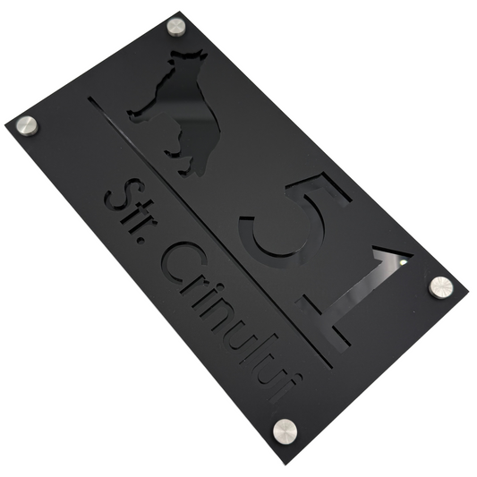 PREMIUM HOUSE NUMBER - Satin Black Glossy Black 4 Spacers Silver - 28×15 cm