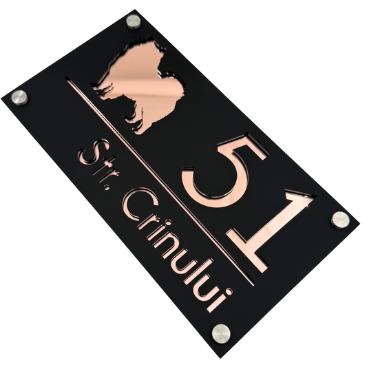 PREMIUM HOUSE NUMBER - Satin Black Rose Gold Mirror 4 Spacers Silver - 28×15 cm