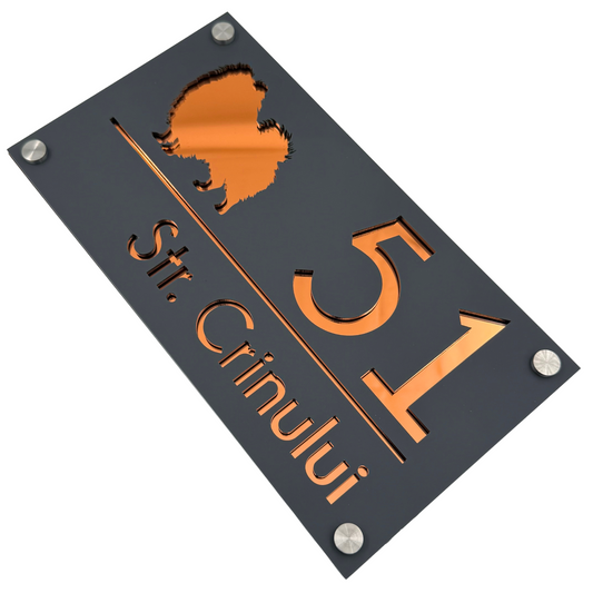 PREMIUM HOUSE NUMBER - Satin Grey Copper Mirror 4 Spacers Silver - 28×15 cm