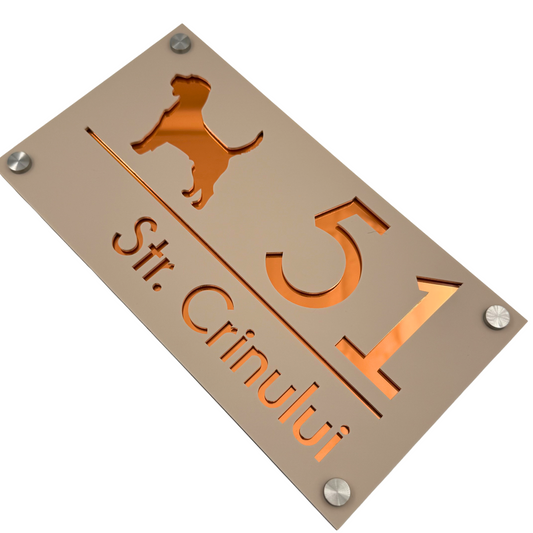 PREMIUM HOUSE NUMBER - Cream colour Satin Copper Mirror 4 Spacers Silver - 28×15 cm