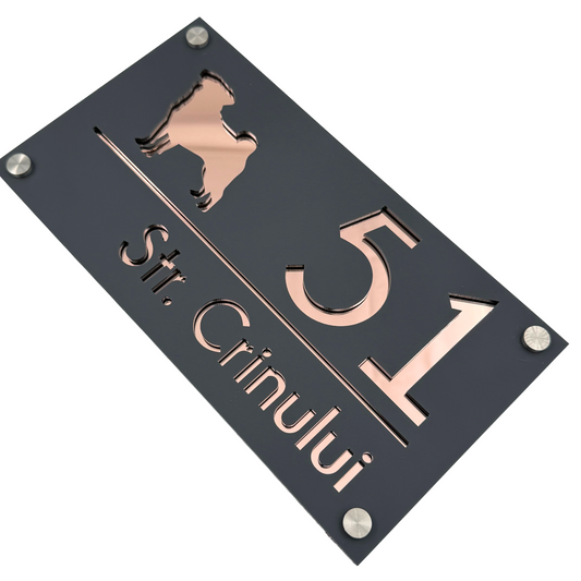 PREMIUM HOUSE NUMBER - Satin Grey Rose Gold Mirror 4 Spacers Silver - 28×15 cm