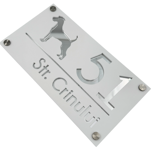 PREMIUM HOUSE NUMBER - White Satin Silver Mirror 4 Spacers Silver - 28×15 cm
