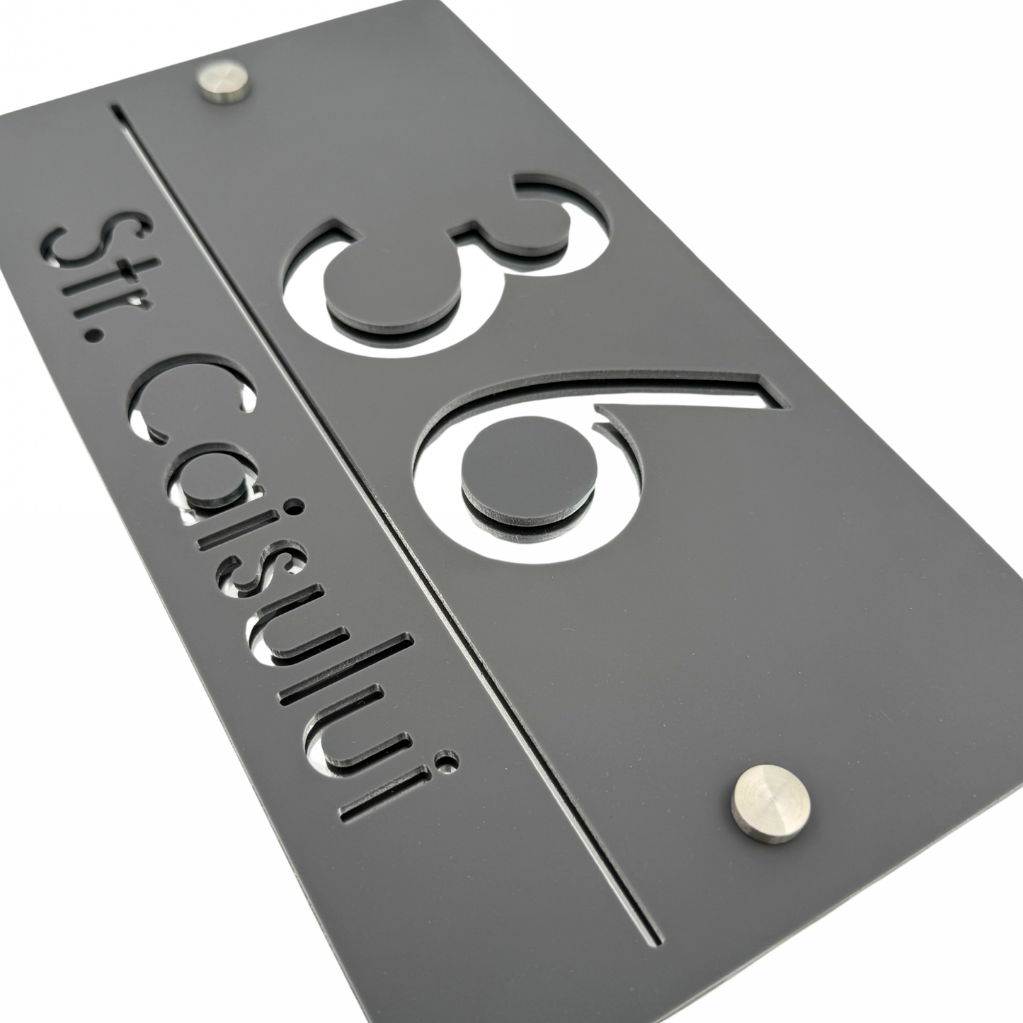 PREMIUM HOUSE NUMBER - Satin Grey Silver Mirror 2 Spacers Silver - 28×15 cm