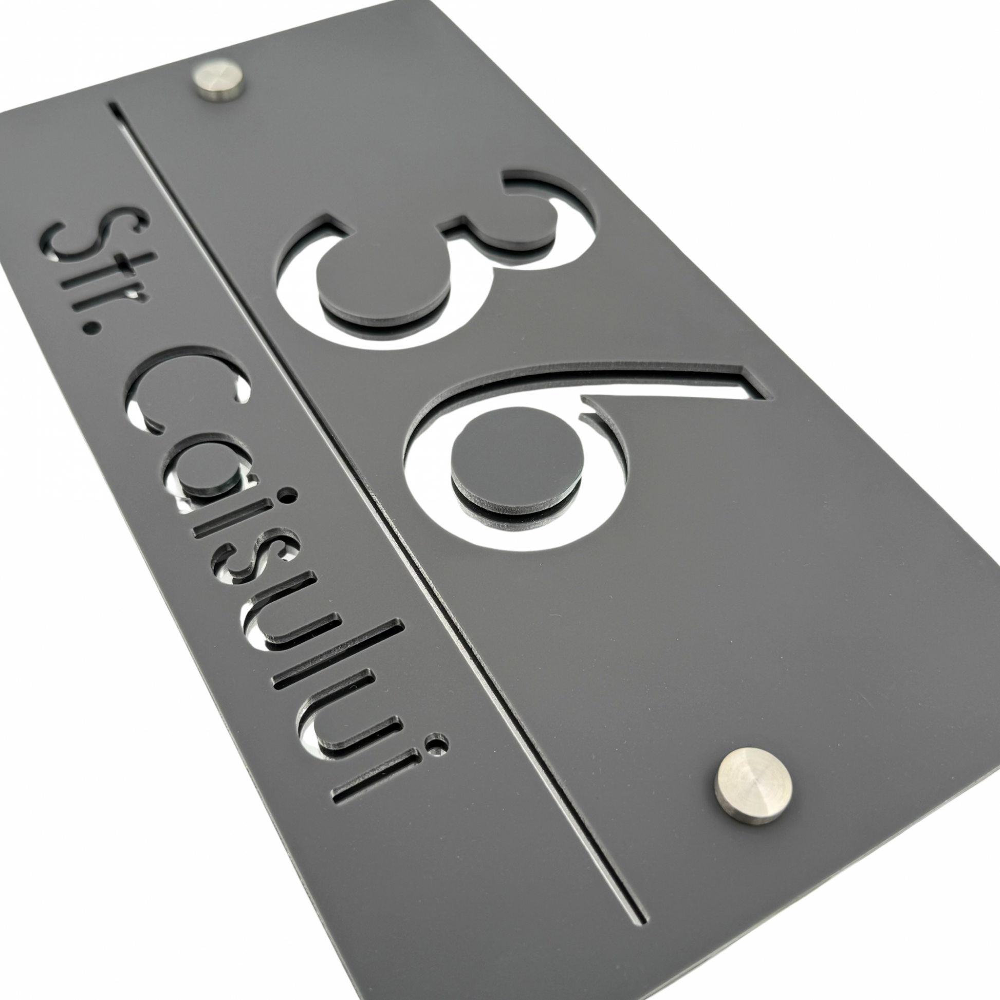 PREMIUM HOUSE NUMBER - Satin Grey Silver Mirror 2 Spacers Silver - 28×15 cm