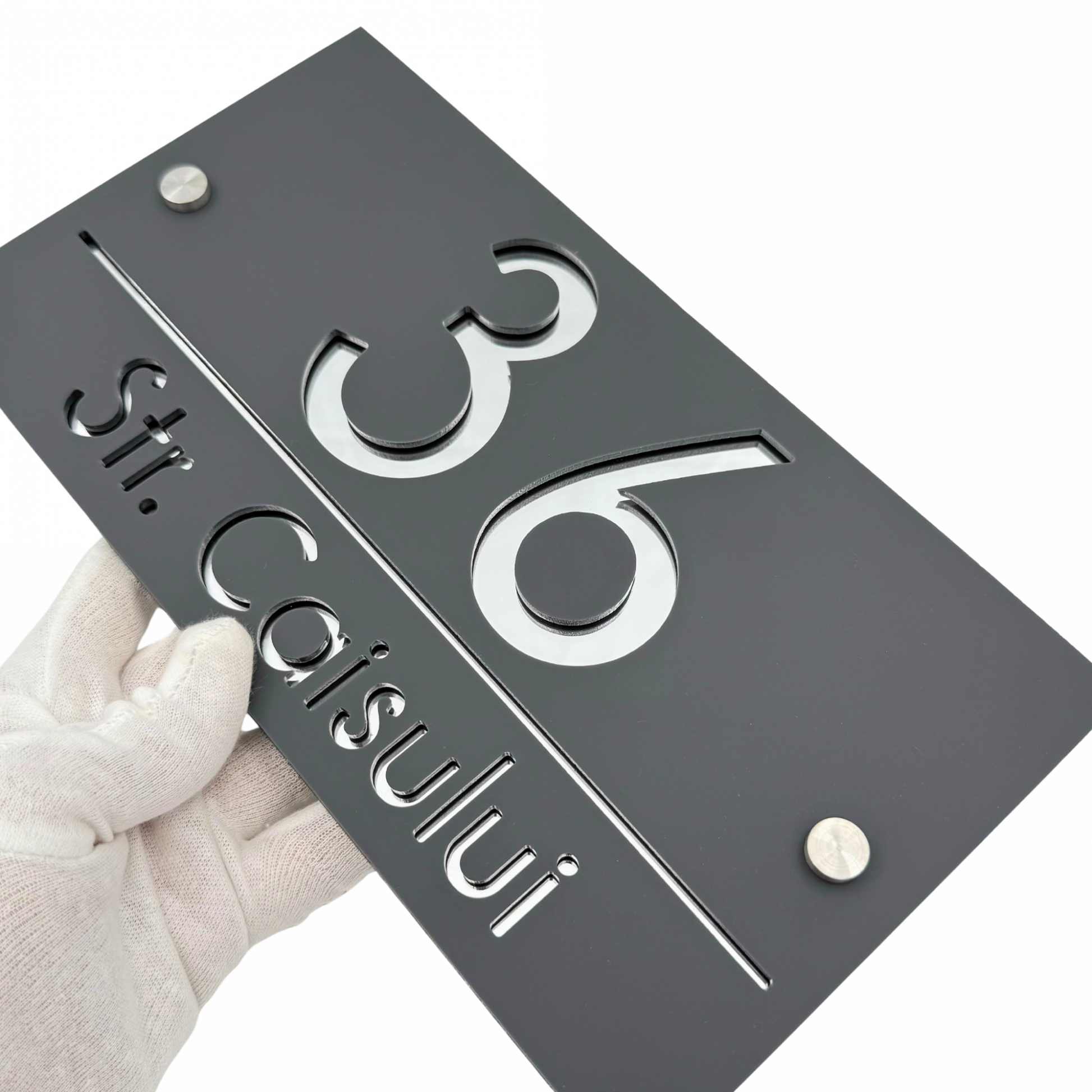 PREMIUM HOUSE NUMBER - Satin Grey Silver Mirror 2 Spacers Silver - 28×15 cm