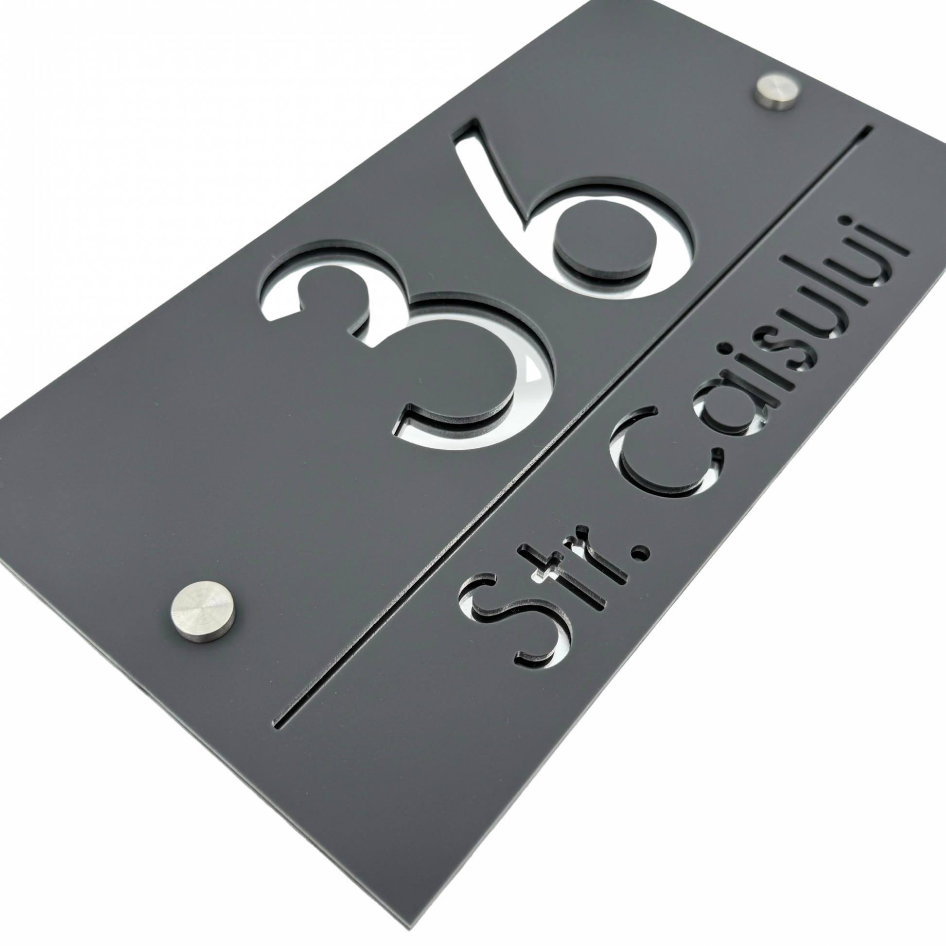 PREMIUM HOUSE NUMBER - Satin Grey Silver Mirror 2 Spacers Silver - 28×15 cm