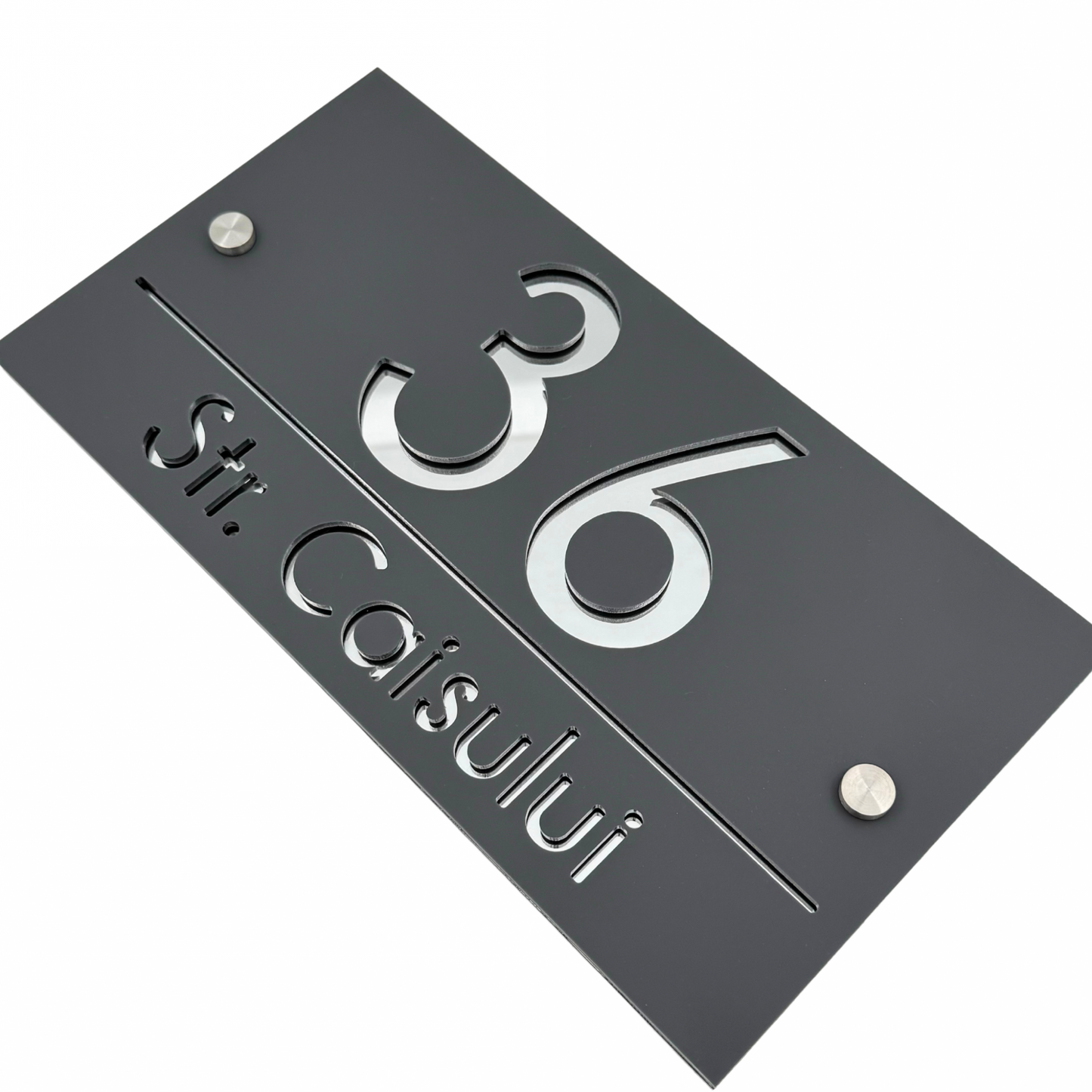 PREMIUM HOUSE NUMBER - Satin Grey Silver Mirror 2 Spacers Silver - 28×15 cm
