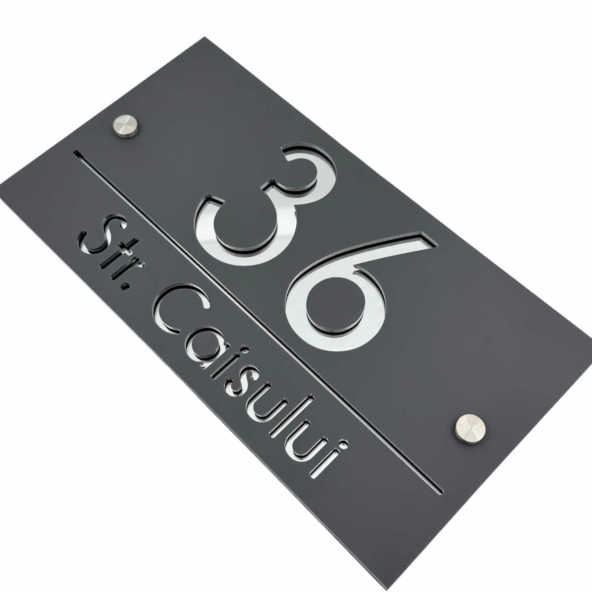 PREMIUM HOUSE NUMBER - Satin Grey Silver Mirror 2 Spacers Silver - 28×15 cm