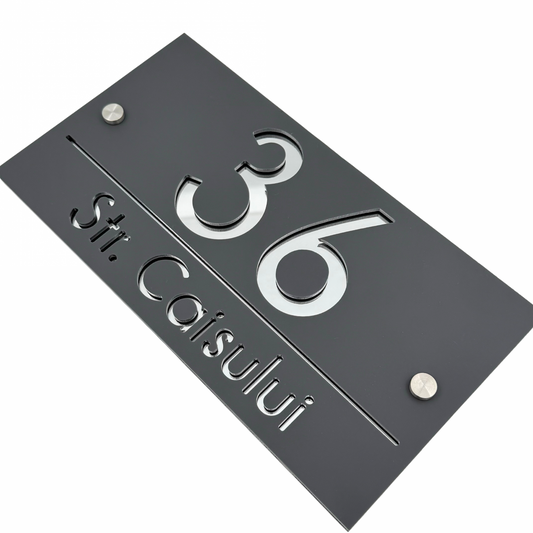 PREMIUM HOUSE NUMBER - Satin Grey Silver Mirror 2 Spacers Silver - 28×15 cm