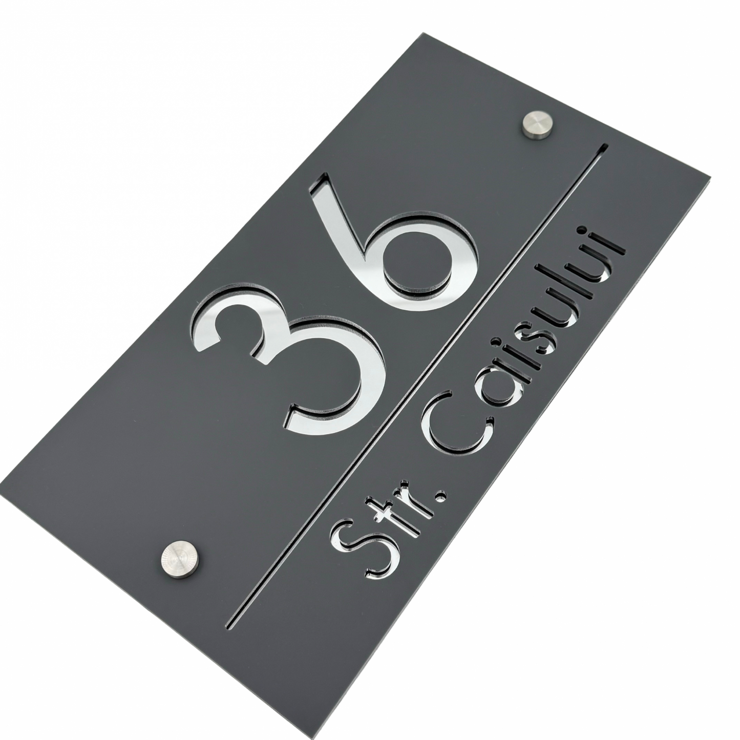 PREMIUM HOUSE NUMBER - Satin Grey Silver Mirror 2 Spacers Silver - 28×15 cm