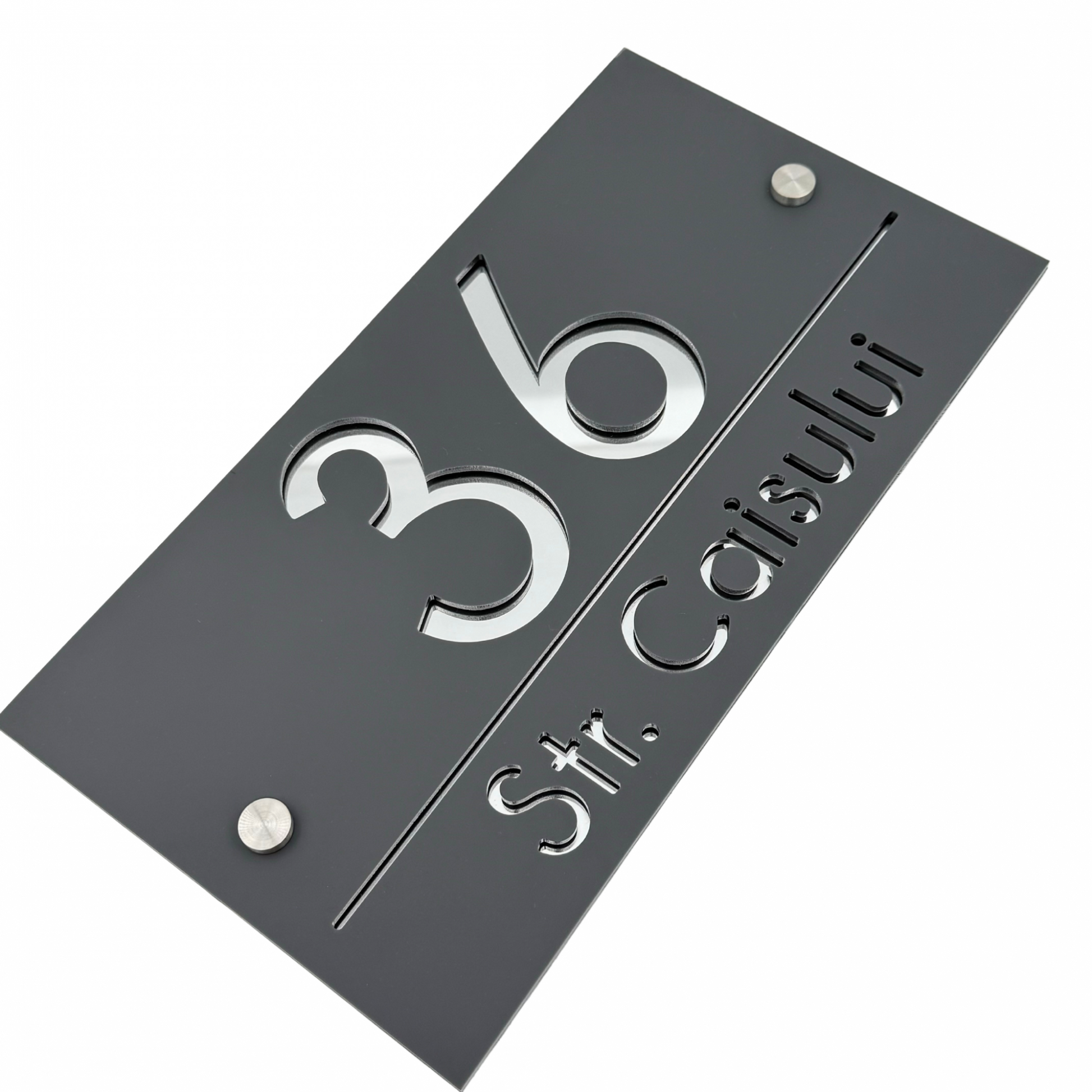 PREMIUM HOUSE NUMBER - Satin Grey Silver Mirror 2 Spacers Silver - 28×15 cm