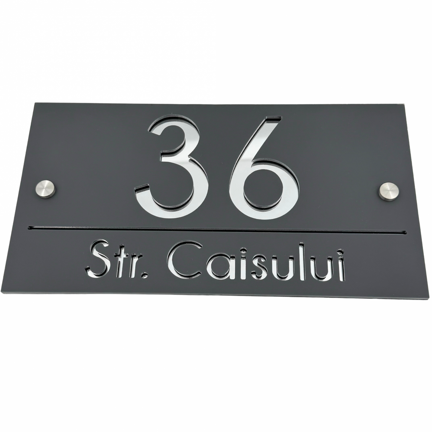 PREMIUM HOUSE NUMBER - Satin Grey Silver Mirror 2 Spacers Silver - 28×15 cm