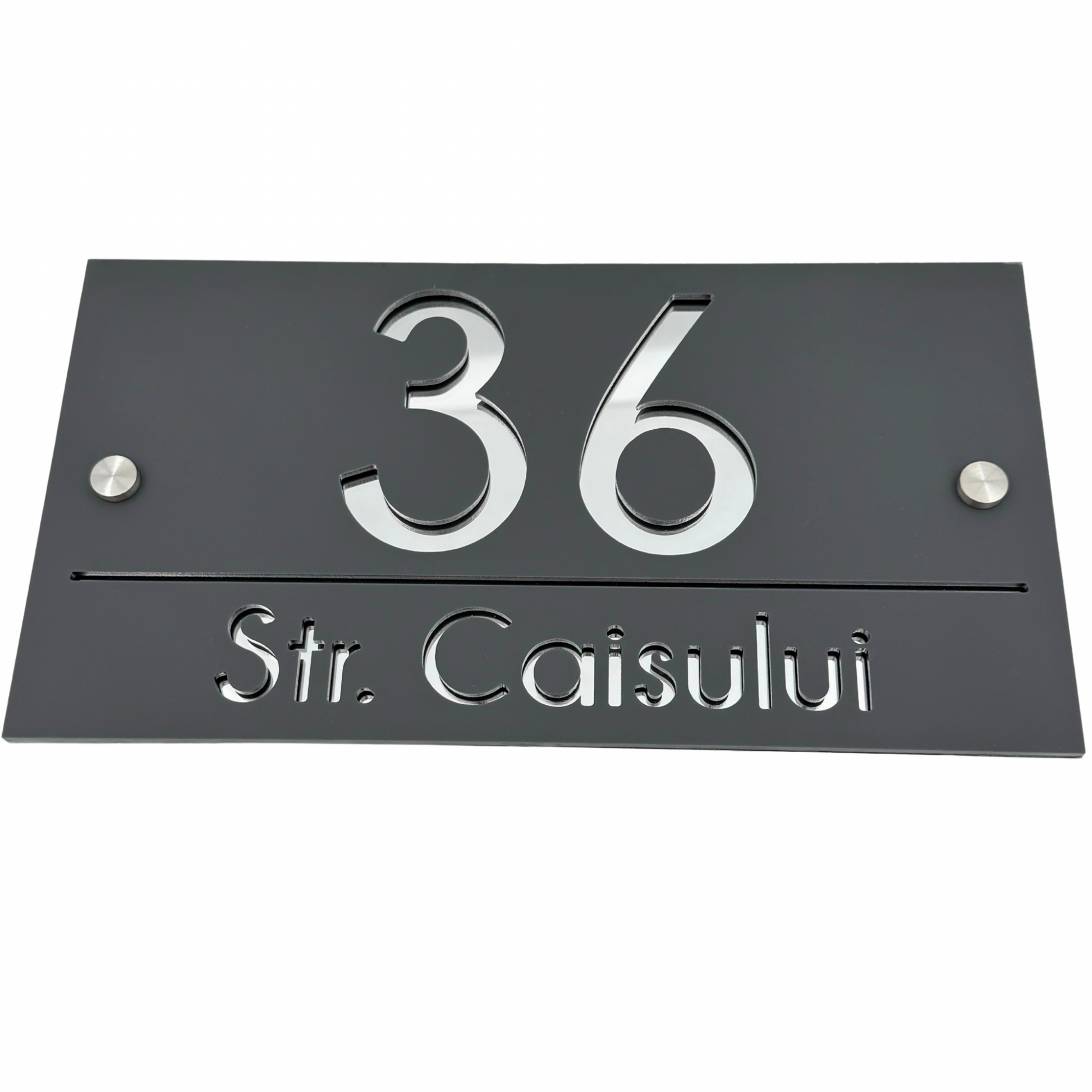 PREMIUM HOUSE NUMBER - Satin Grey Silver Mirror 2 Spacers Silver - 28×15 cm
