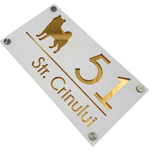 PREMIUM HOUSE NUMBER - White Satin Gold Mirror 4 Spacers Silver - 28×15 cm