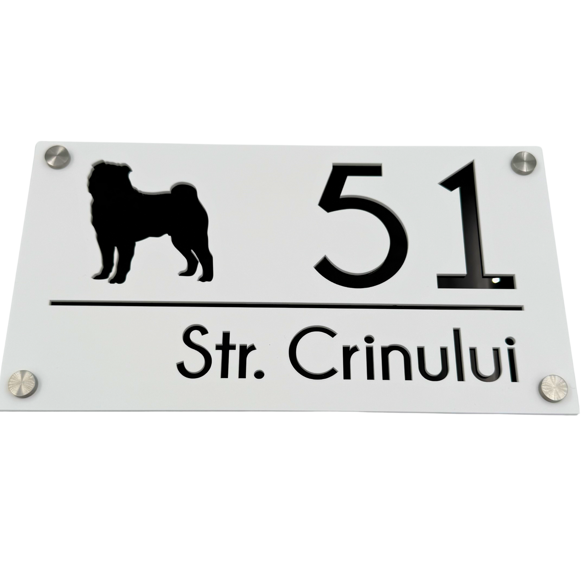 PREMIUM HOUSE NUMBER - White Satin Glossy Black 4 Spacers Silver - 28×15 cm