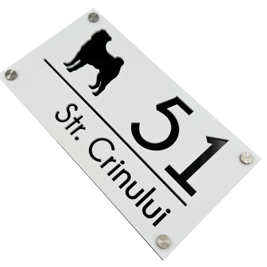 PREMIUM HOUSE NUMBER - White Satin Glossy Black 4 Spacers Silver - 28×15 cm