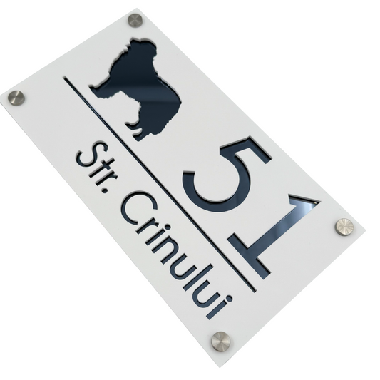 PREMIUM HOUSE NUMBER - White Satin Anthracite Grey Mirror 4 Spacers Silver - 28×15 cm