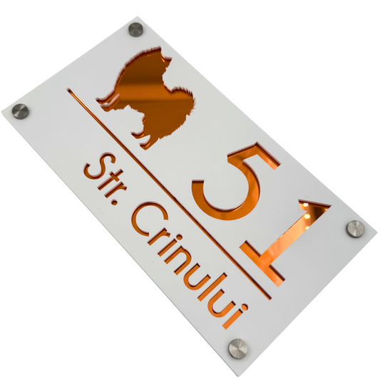 PREMIUM HOUSE NUMBER - White Satin Copper Mirror 4 Spacers Silver - 28×15 cm