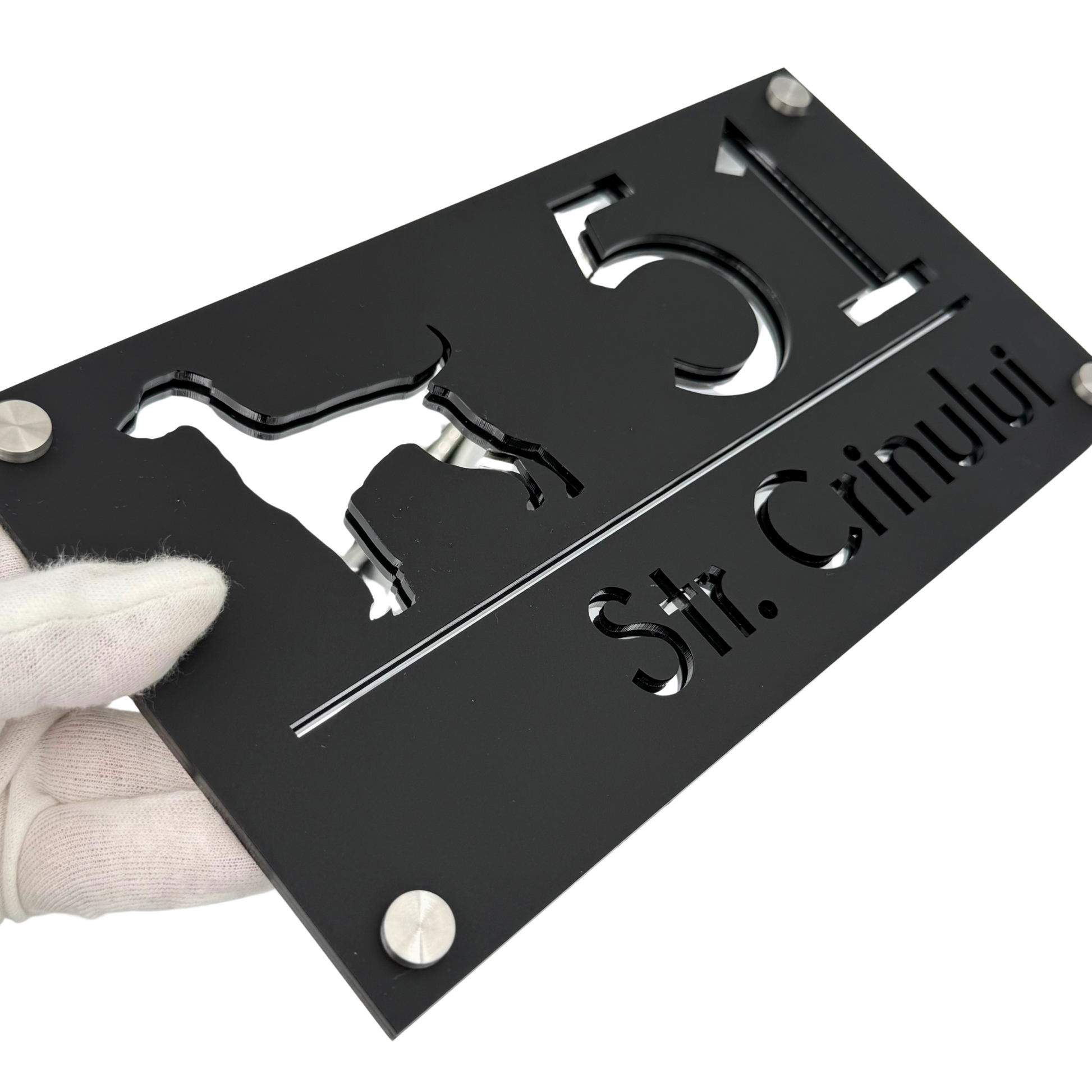 PREMIUM HOUSE NUMBER - Satin Black Silver Mirror 4 Spacers Silver - 28×15 cm