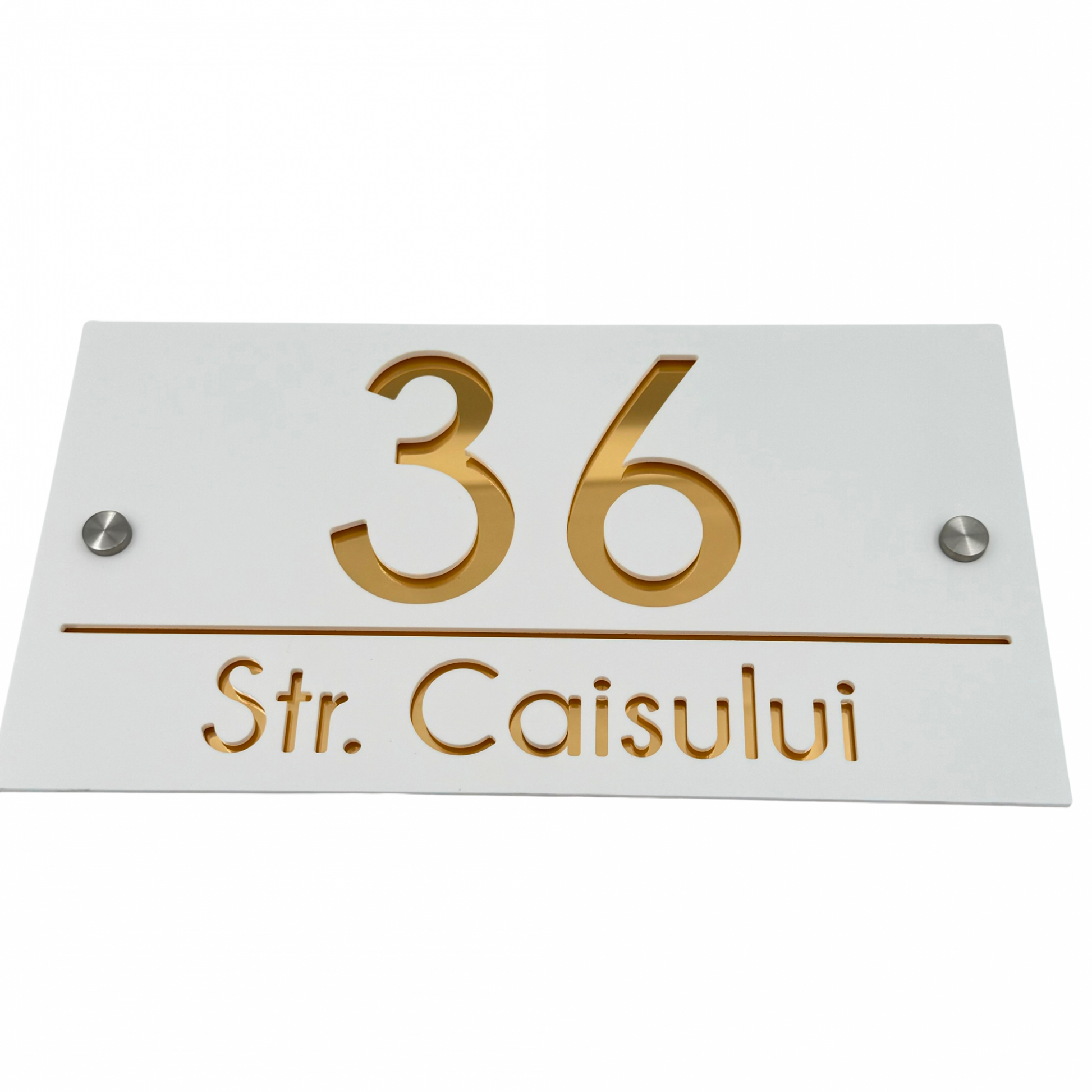 PREMIUM HOUSE NUMBER - White Satin Gold Mirror 2 Spacers Silver - 28×15 cm
