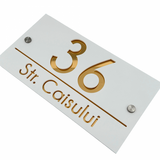 PREMIUM HOUSE NUMBER - White Satin Gold Mirror 2 Spacers Silver - 28×15 cm