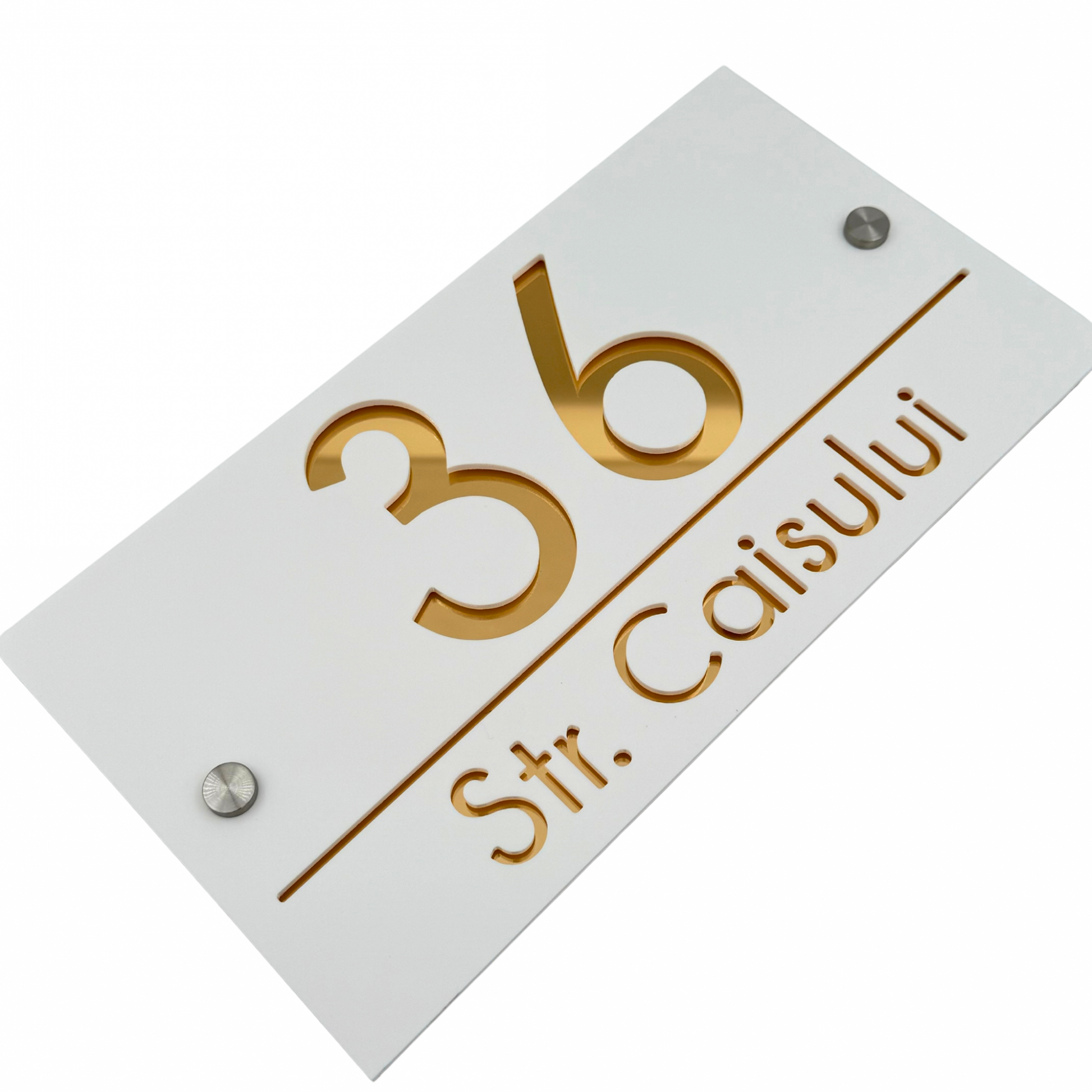 PREMIUM HOUSE NUMBER - White Satin Gold Mirror 2 Spacers Silver - 28×15 cm