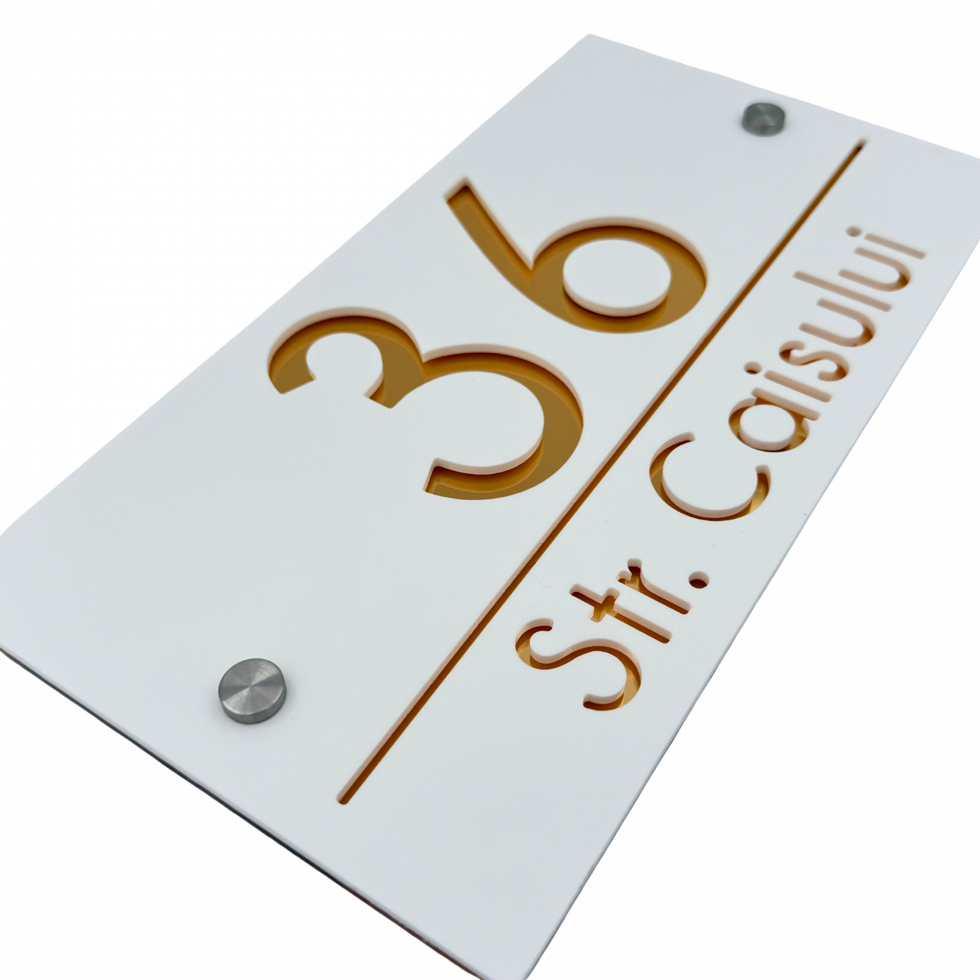 PREMIUM HOUSE NUMBER - White Satin Gold Mirror 2 Spacers Silver - 28×15 cm