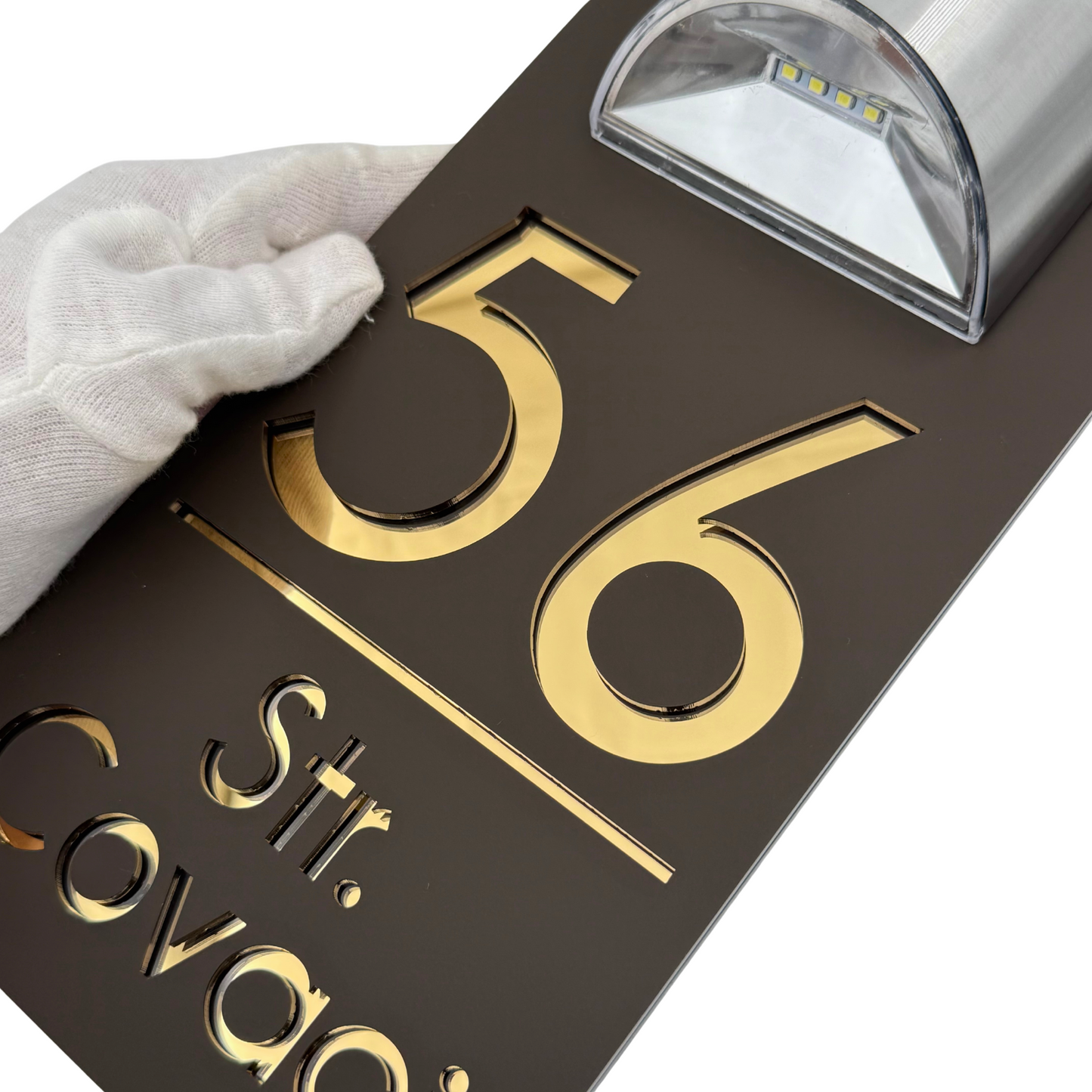 PREMIUM HOUSE NUMBER – Satin Brown Gold Mirror Solar Lamp – 30 x15 cm
