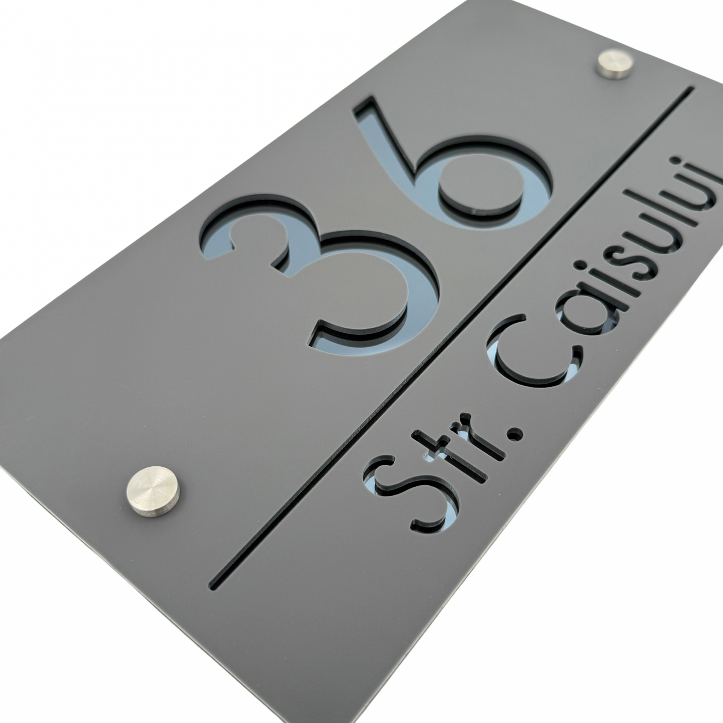 PREMIUM HOUSE NUMBER - Satin Grey Anthracite Grey 2 Spacers Silver - 28×15 cm