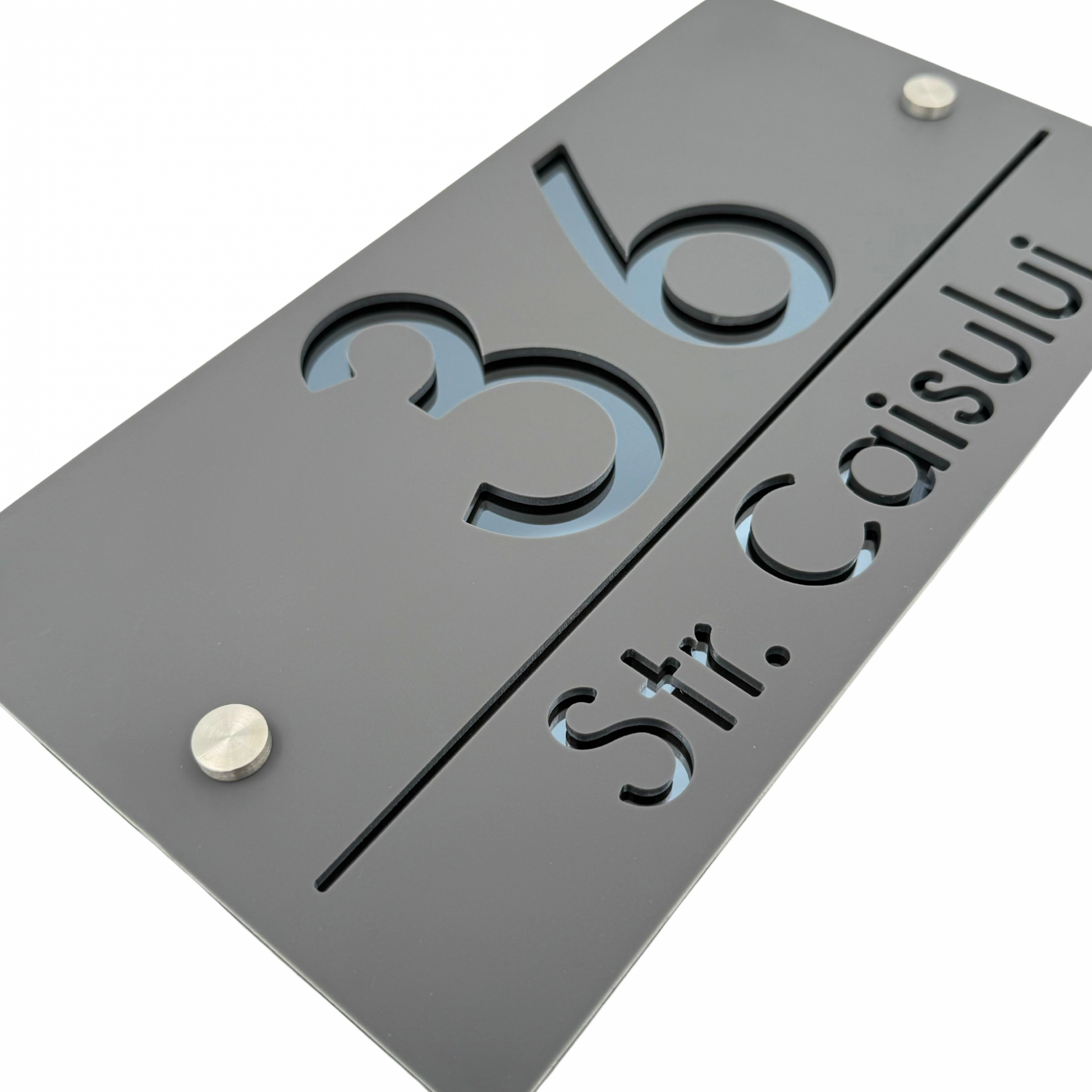 PREMIUM HOUSE NUMBER - Satin Grey Anthracite Grey 2 Spacers Silver - 28×15 cm