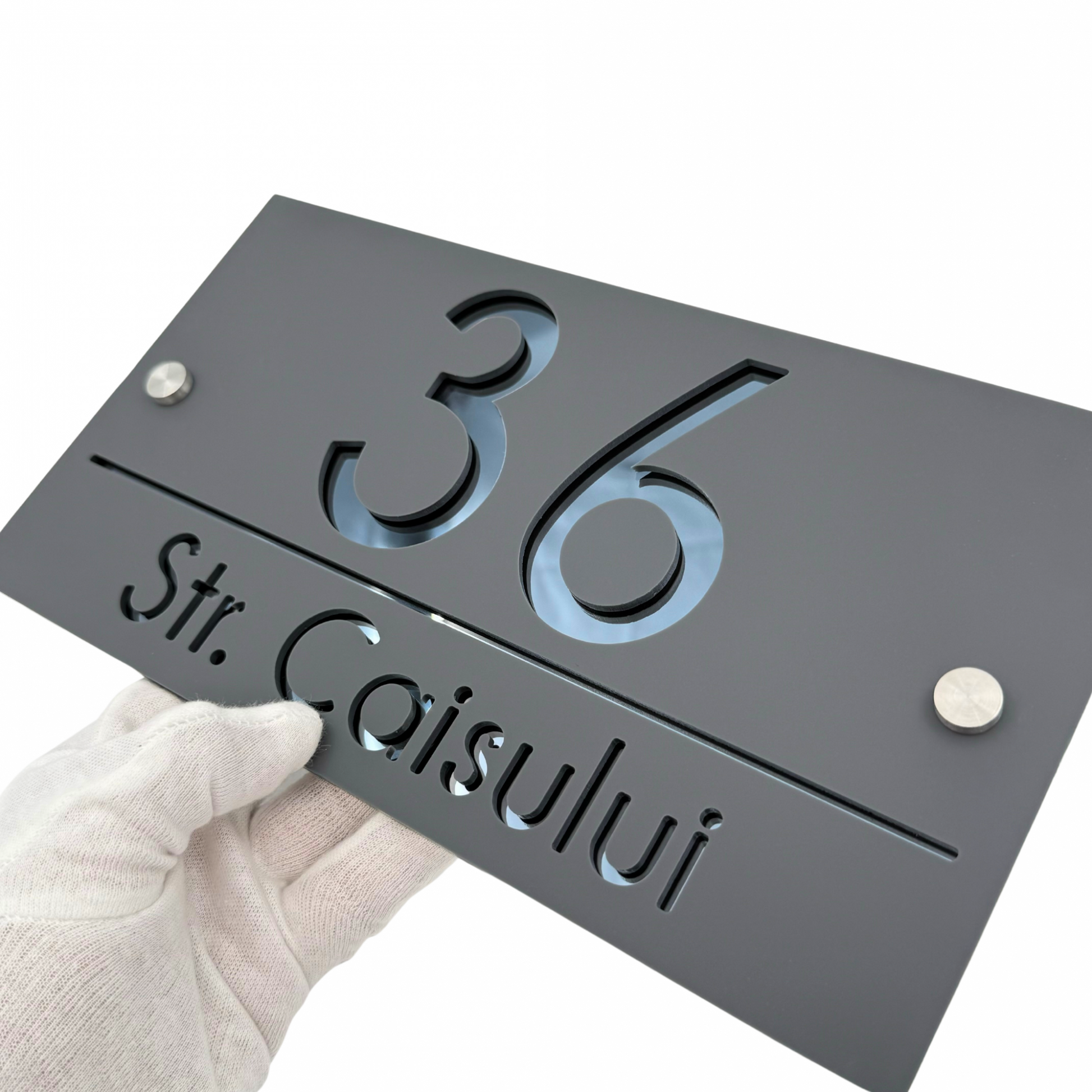 PREMIUM HOUSE NUMBER - Satin Grey Anthracite Grey 2 Spacers Silver - 28×15 cm