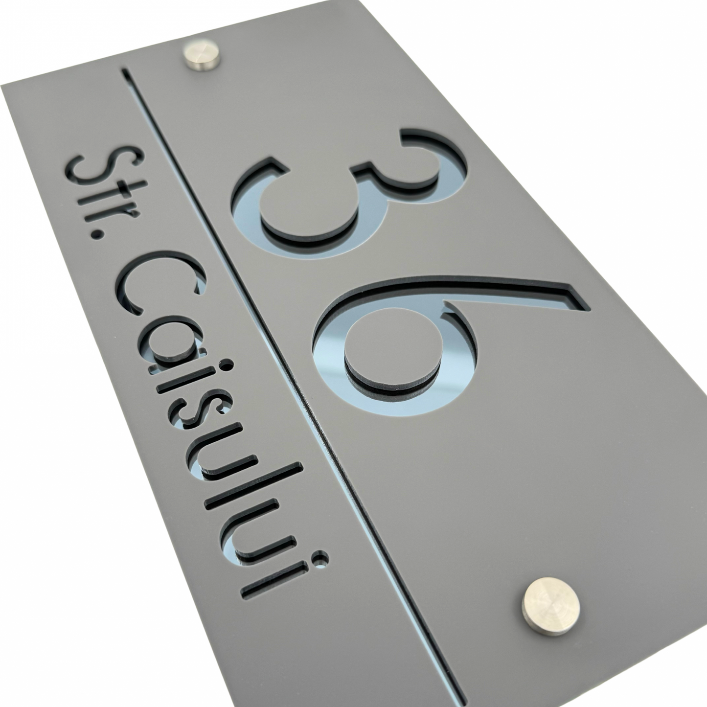 PREMIUM HOUSE NUMBER - Satin Grey Anthracite Grey 2 Spacers Silver - 28×15 cm