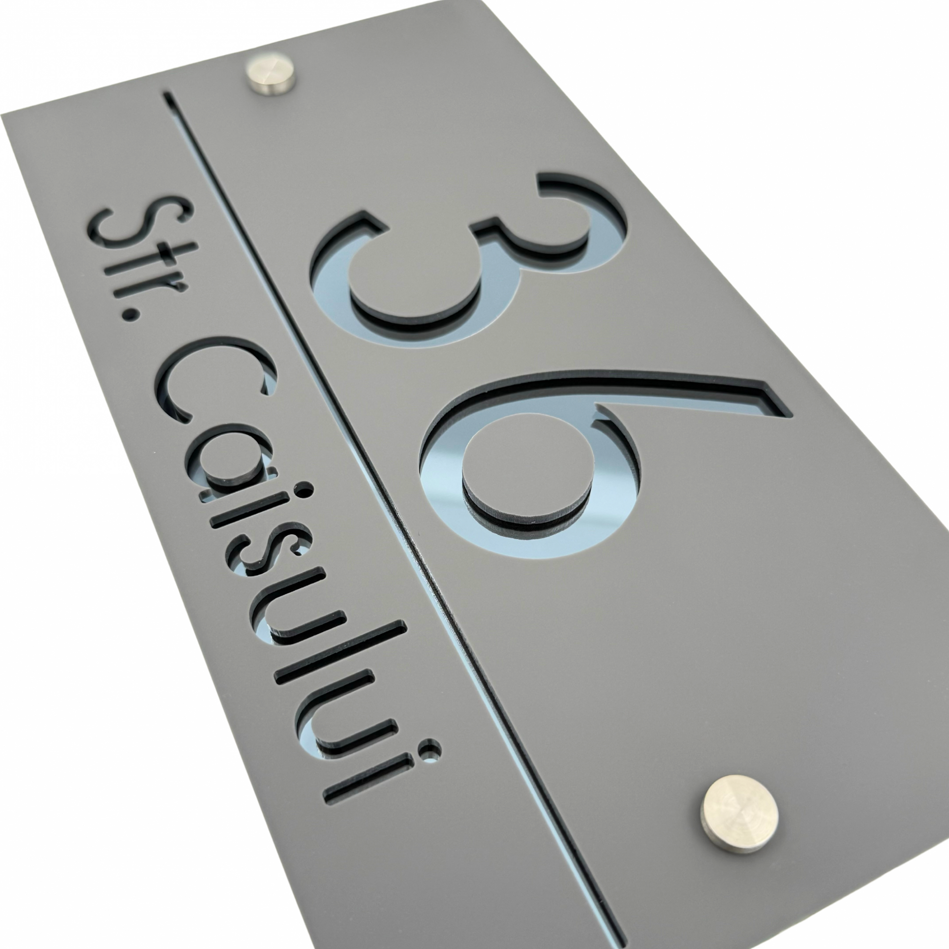 PREMIUM HOUSE NUMBER - Satin Grey Anthracite Grey 2 Spacers Silver - 28×15 cm