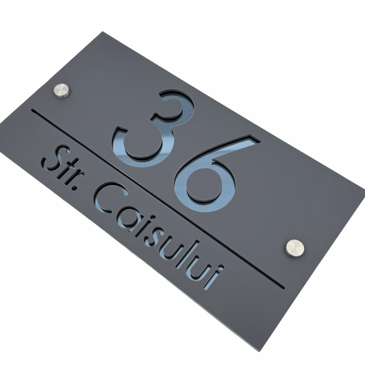 PREMIUM HOUSE NUMBER - Satin Grey Anthracite Grey 2 Spacers Silver - 28×15 cm