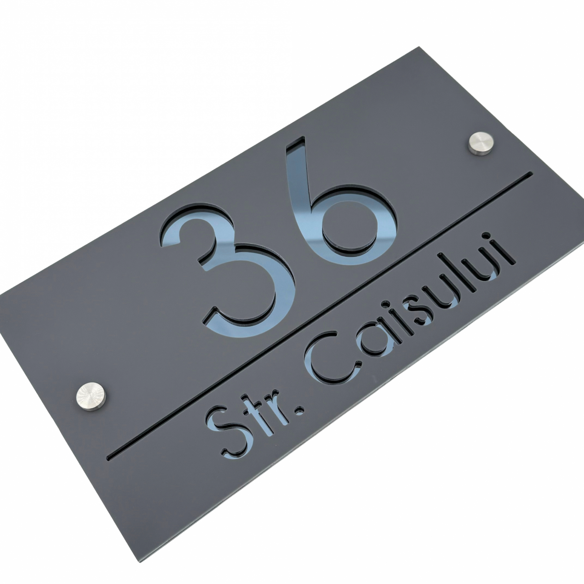 PREMIUM HOUSE NUMBER - Satin Grey Anthracite Grey 2 Spacers Silver - 28×15 cm