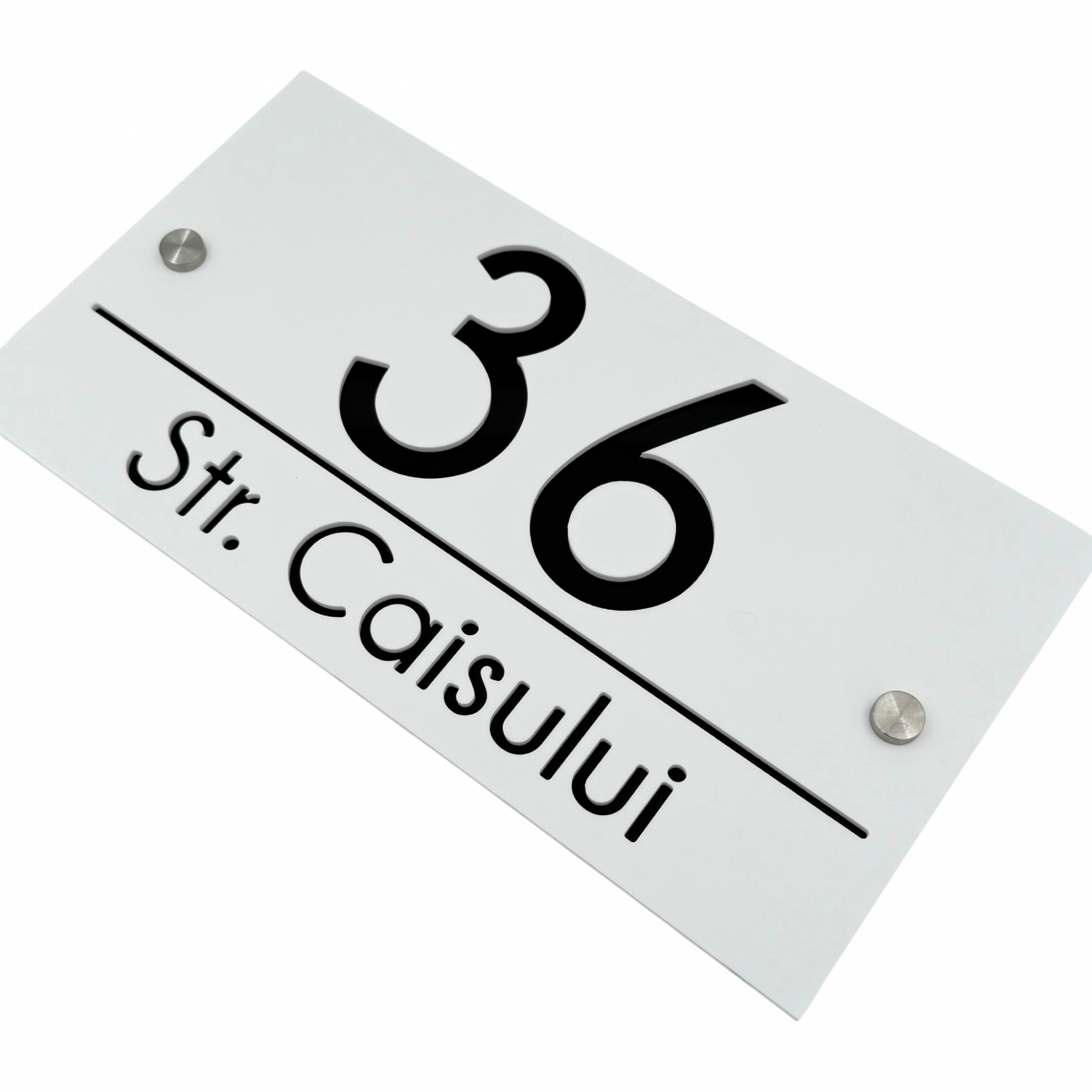 PREMIUM HOUSE NUMBER - White Satin Glossy Black 2 Spacers Silver - 28×15 cm