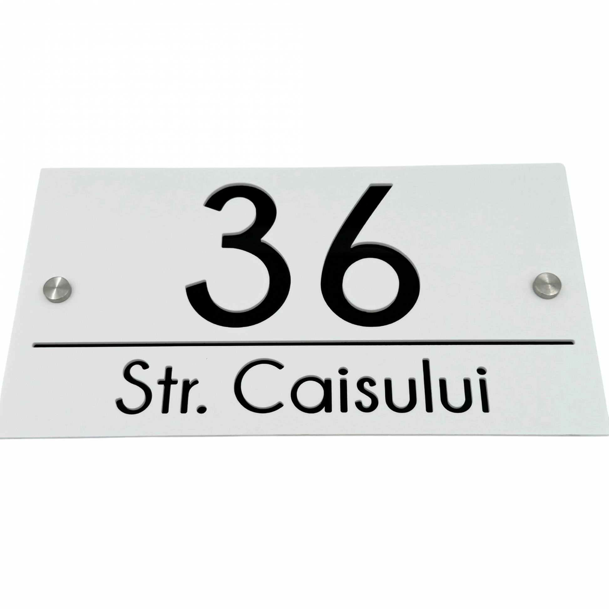 PREMIUM HOUSE NUMBER - White Satin Glossy Black 2 Spacers Silver - 28×15 cm