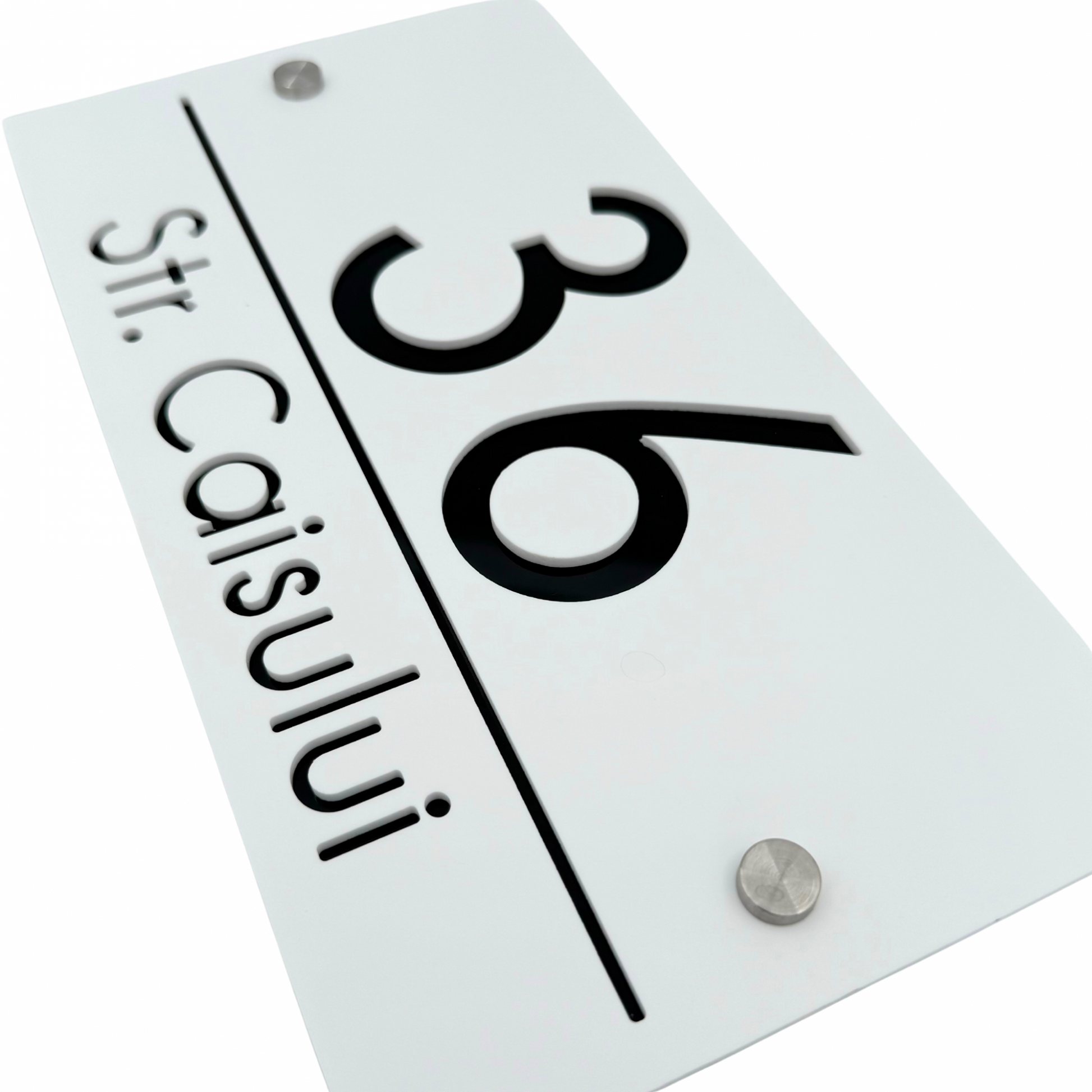 PREMIUM HOUSE NUMBER - White Satin Glossy Black 2 Spacers Silver - 28×15 cm